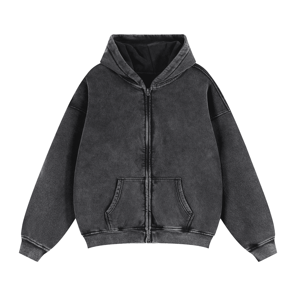 FETISHISTO black zip through boxy fleece hoodie with front pockets and hood in oversized fit