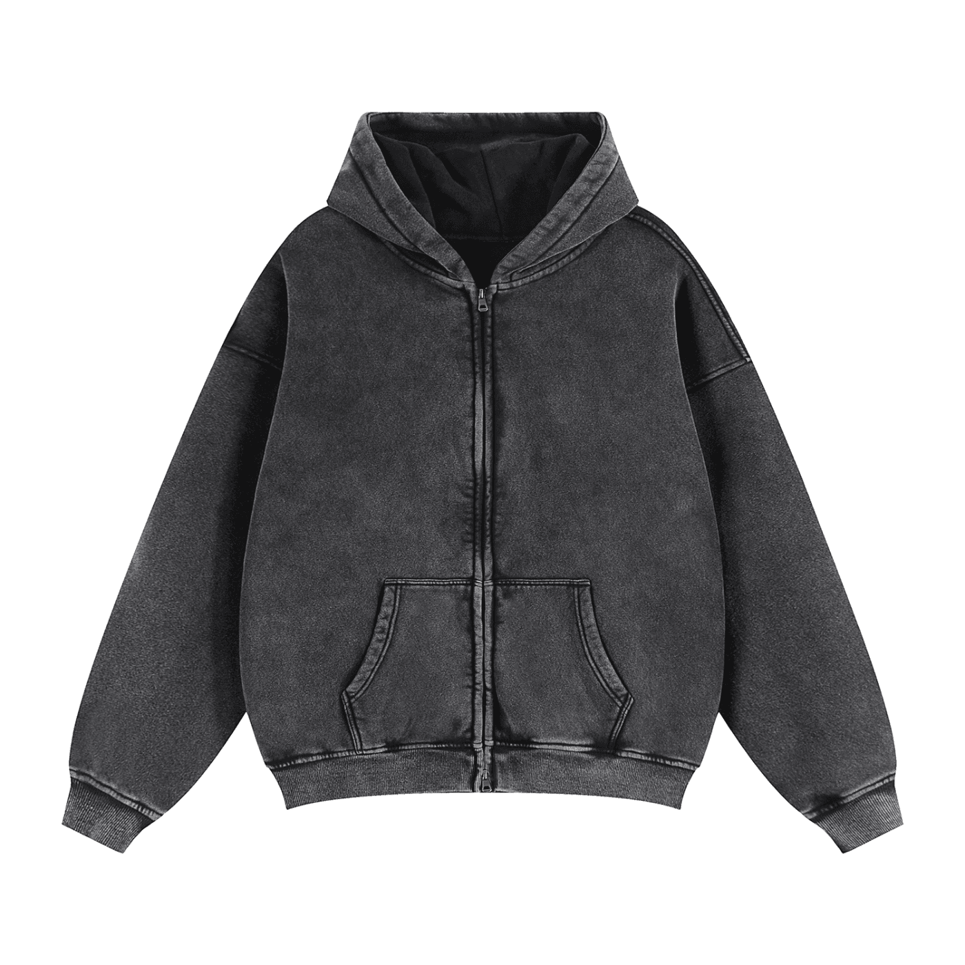 FETISHISTO black zip through boxy fleece hoodie with front pockets and hood in oversized fit