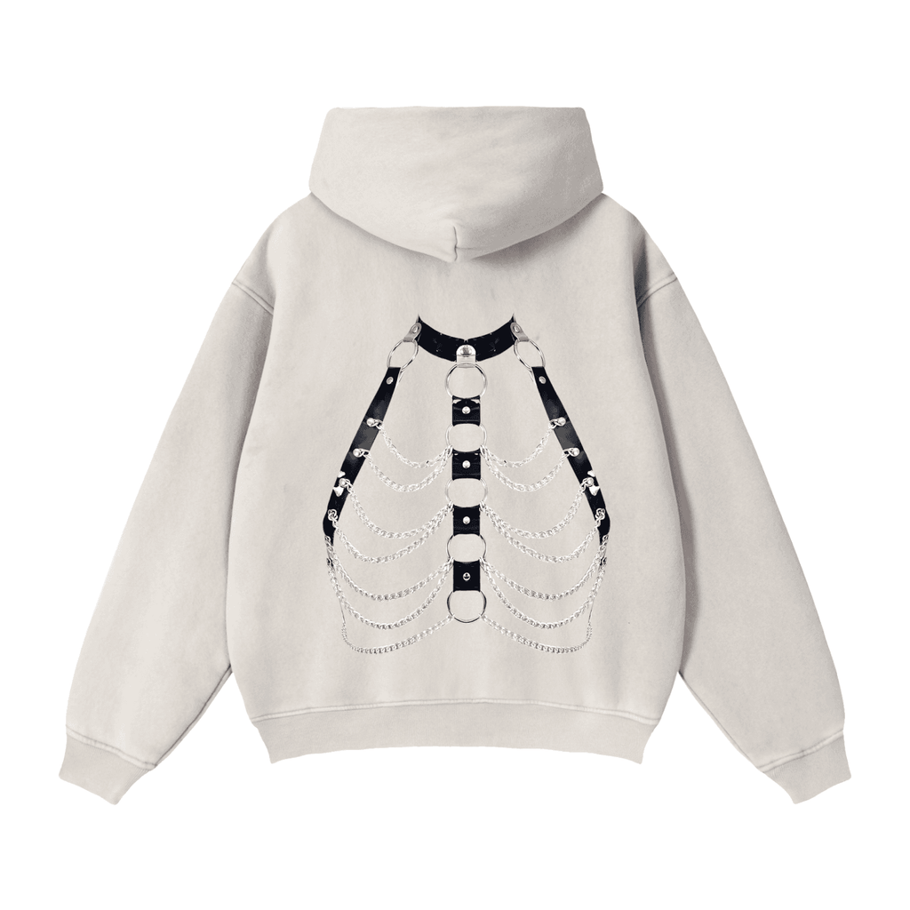 FETISHISTO zip through boxy fleece hoodie in light beige with black leather and chain harness design on back