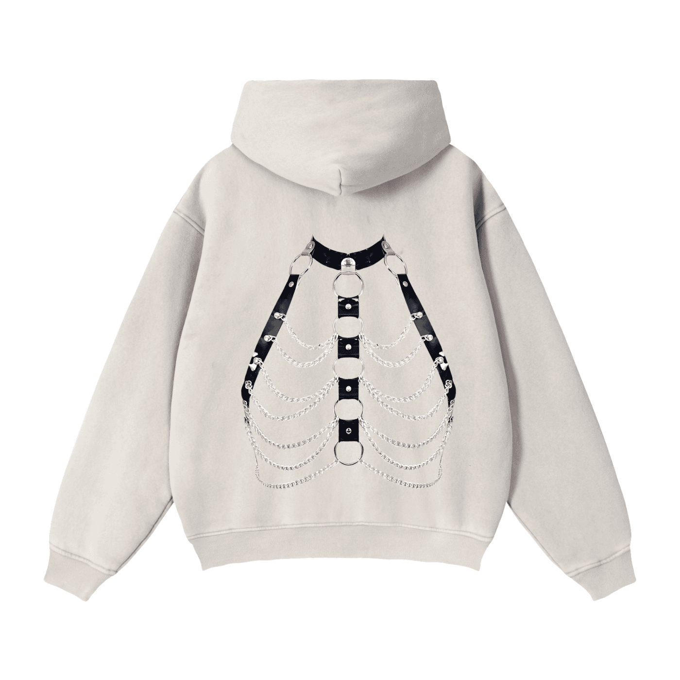 FETISHISTO zip through boxy fleece hoodie in light beige with black leather and chain harness design on back