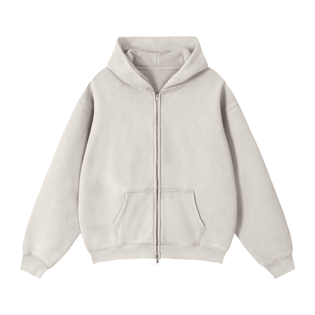 FETISHISTO zip through boxy fleece hoodie in light beige with front pockets and full zipper
