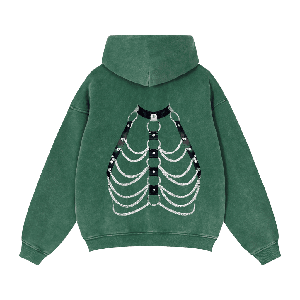 Green zip through boxy fleece hoodie with unique skeleton chain design on the back