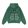 Green zip through boxy fleece hoodie with unique skeleton chain design on the back