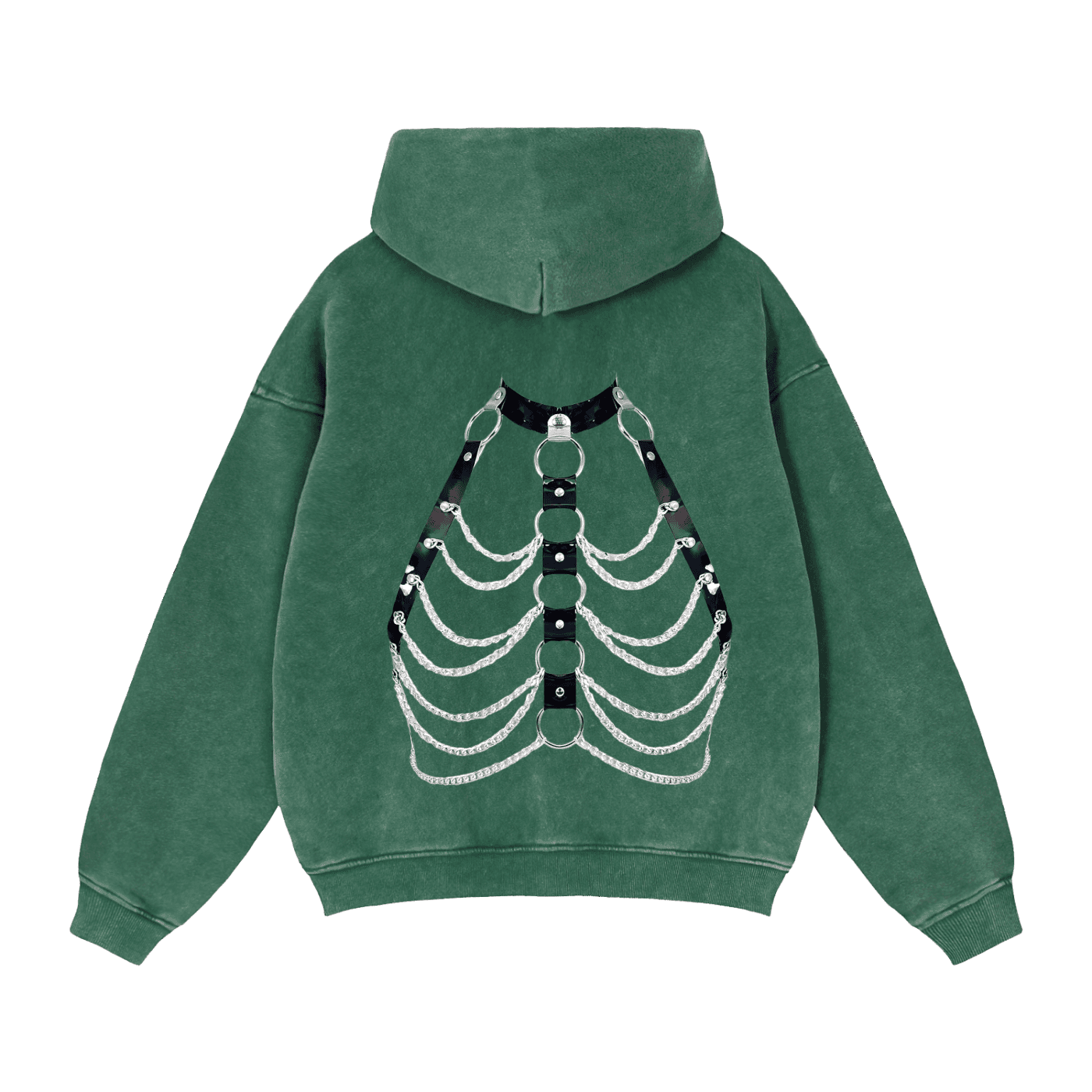 Green zip through boxy fleece hoodie with unique skeleton chain design on the back