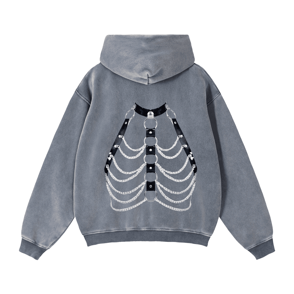 Gray zip through boxy fleece hoodie with skeleton harness design on the back by FETISHISTO