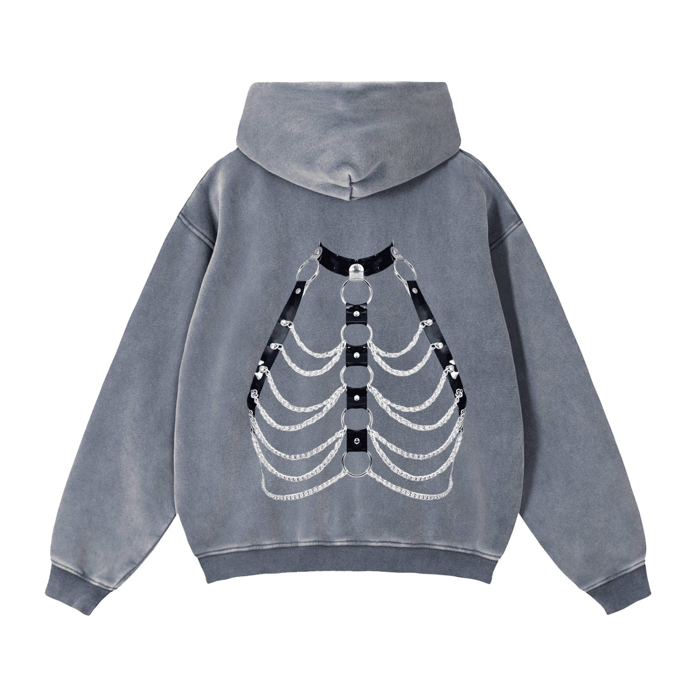 Gray zip through boxy fleece hoodie with skeleton harness design on the back by FETISHISTO