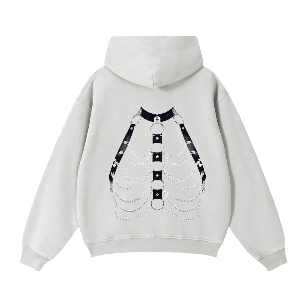 FETISHISTO zip through boxy fleece hoodie in light gray with harness graphic on the back