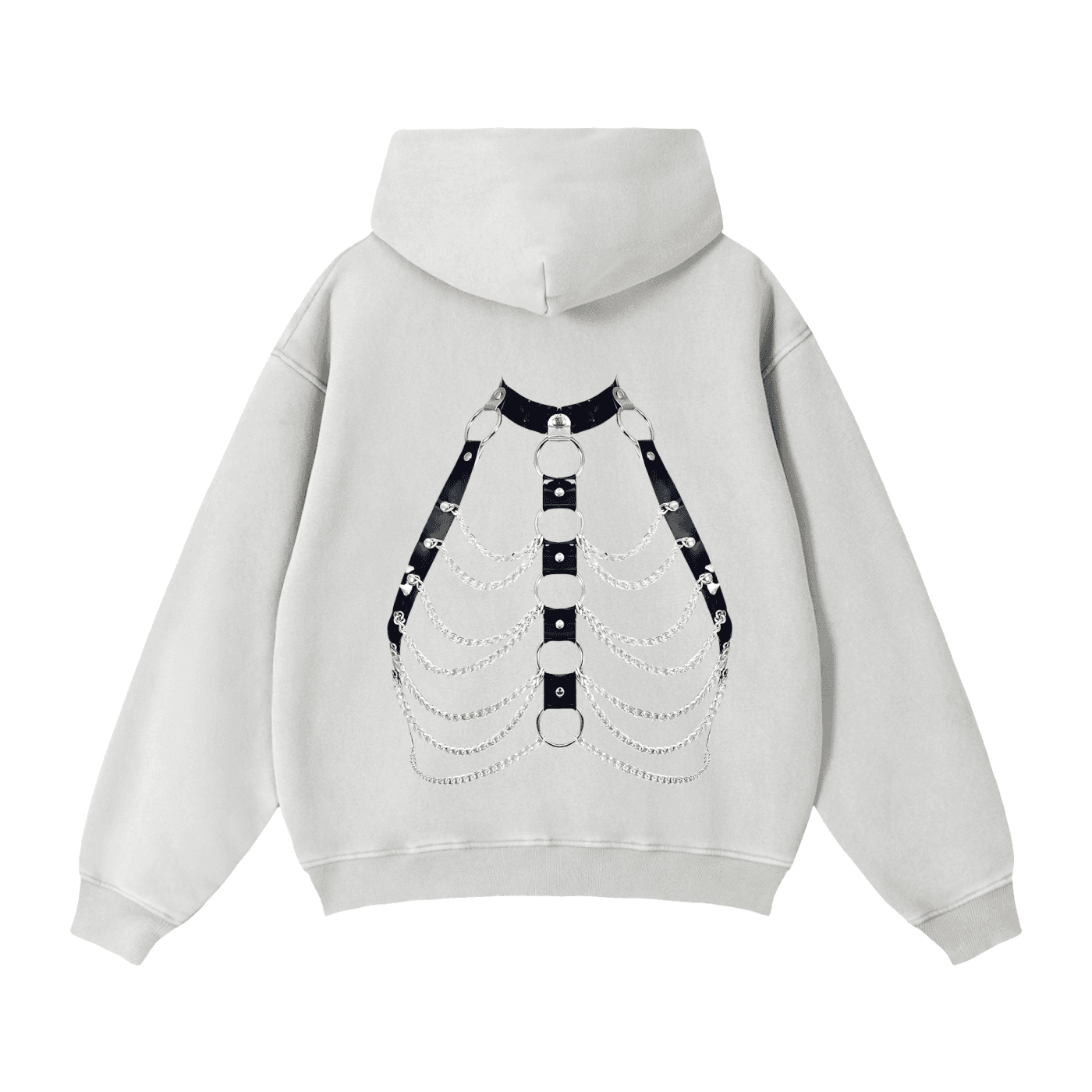 FETISHISTO zip through boxy fleece hoodie in light gray with harness graphic on the back