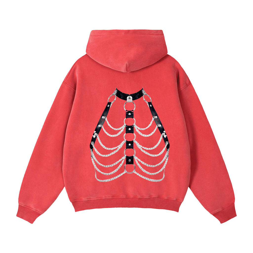 Red zip through boxy fleece hoodie with black and silver chain rib cage design on the back