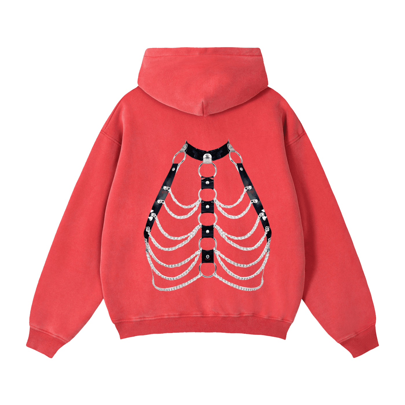 Red zip through boxy fleece hoodie with black and silver chain rib cage design on the back