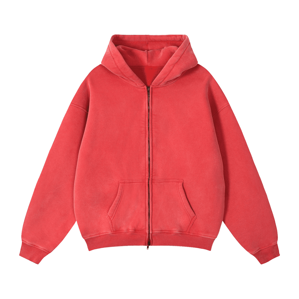 FETISHISTO red zip through boxy fleece hoodie with front pockets and hood